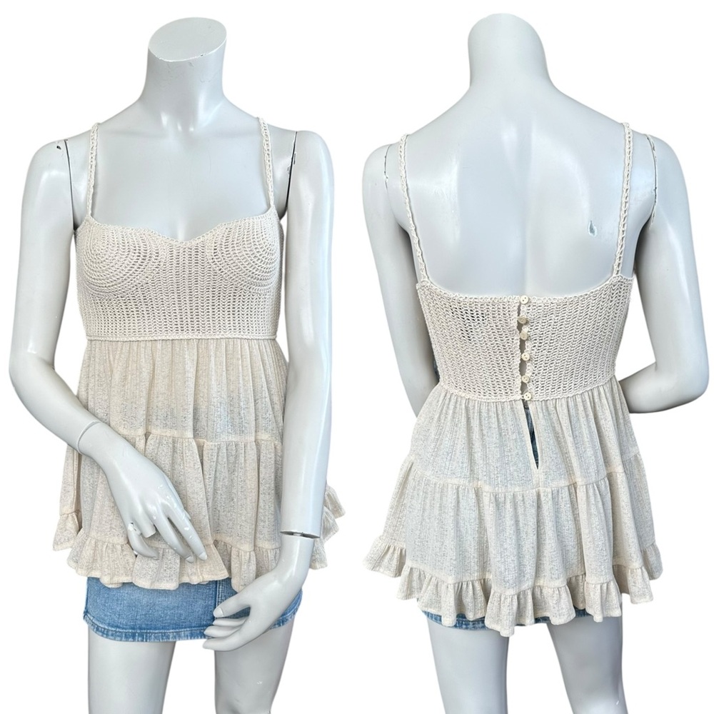 Aqua Boho Tiered Crochet Bustier Bodice Cream Tan Babydoll Top Size Medium